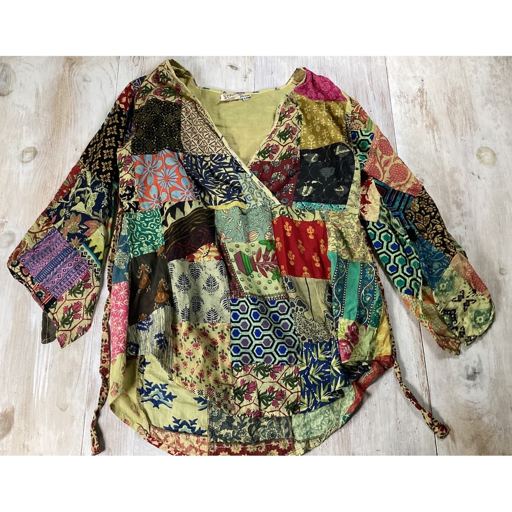 Patchwork Bohemian Top Wrap Blouse Festival Hippie Style Colorful Women S/M